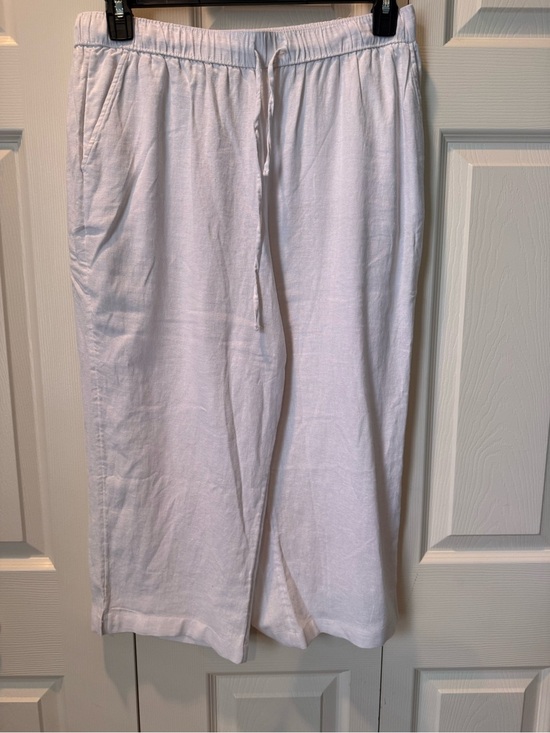 Kim Rogers Pants - # Kim Rogers White Cropped Linen-blend Drawstring Pants